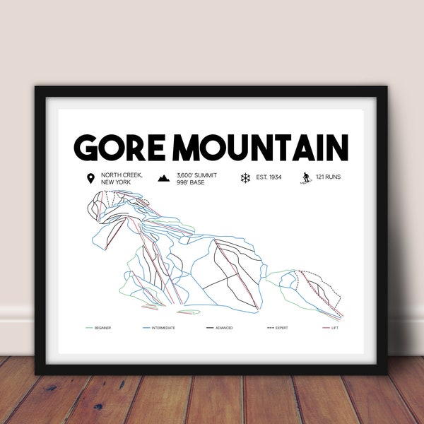 Gore Mountain Printable Ski Resort Map 16"x"20", Ski New York Map, Skiing Wall Art, Printable Ski Map, Ski gift