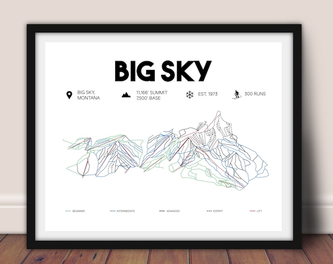 Big Sky Printable Ski Map 16x20, Big Sky, Montana Map, Skiing Wall Art ...