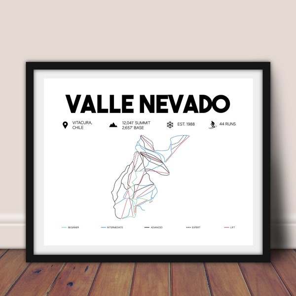 Valle Nevado Printable Ski Trail Map 16"x"20", Chile Ski Map, Valle Nevado Poster, Skiing Wall Art, South America Wall Art, Chile Map Poster