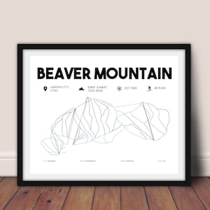 May include: A framed print with the words "BEAVER MOUNTAIN" in bold black letters. Below the title are details including the location, summit elevation of 8,860 feet, base elevation of 7,200 feet, establishment year, and 48 runs.