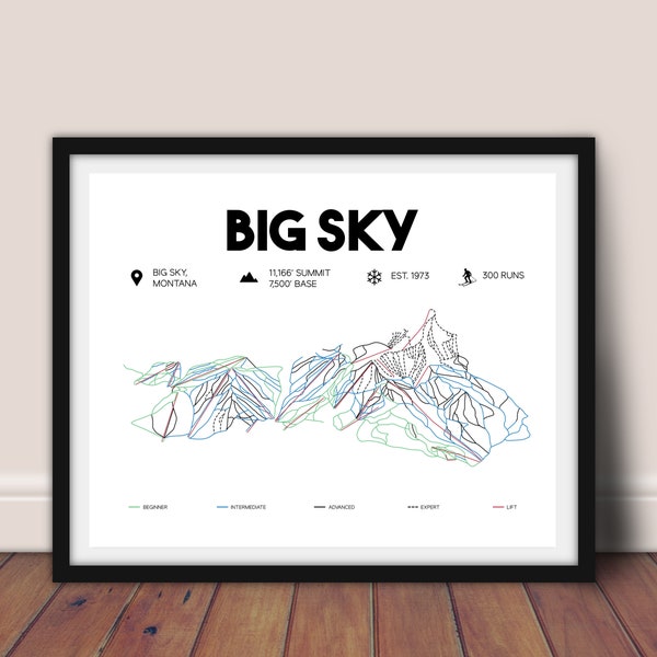 Big Sky Printable Ski Map 16"x"20", Big Sky, Montana Map, Skiing Wall Art, Printable Ski Gift