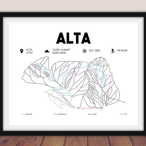 Alta Ski Area Map Alta Ski Area Trail Map 16X20 Alta Utah - Etsy Ireland