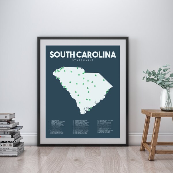 South Carolina State Parks Map printable 16"x20", Gift for hiker, Outdoor art, South Carolina wall art, South Carolina gifts, Hiking gifts