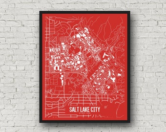 Salt Lake City Utah kaart, Universiteit van Utah campus kaart, Utes decor, geschenk voor college afstuderen, college appartement kunst, 8x10, Utah Utes