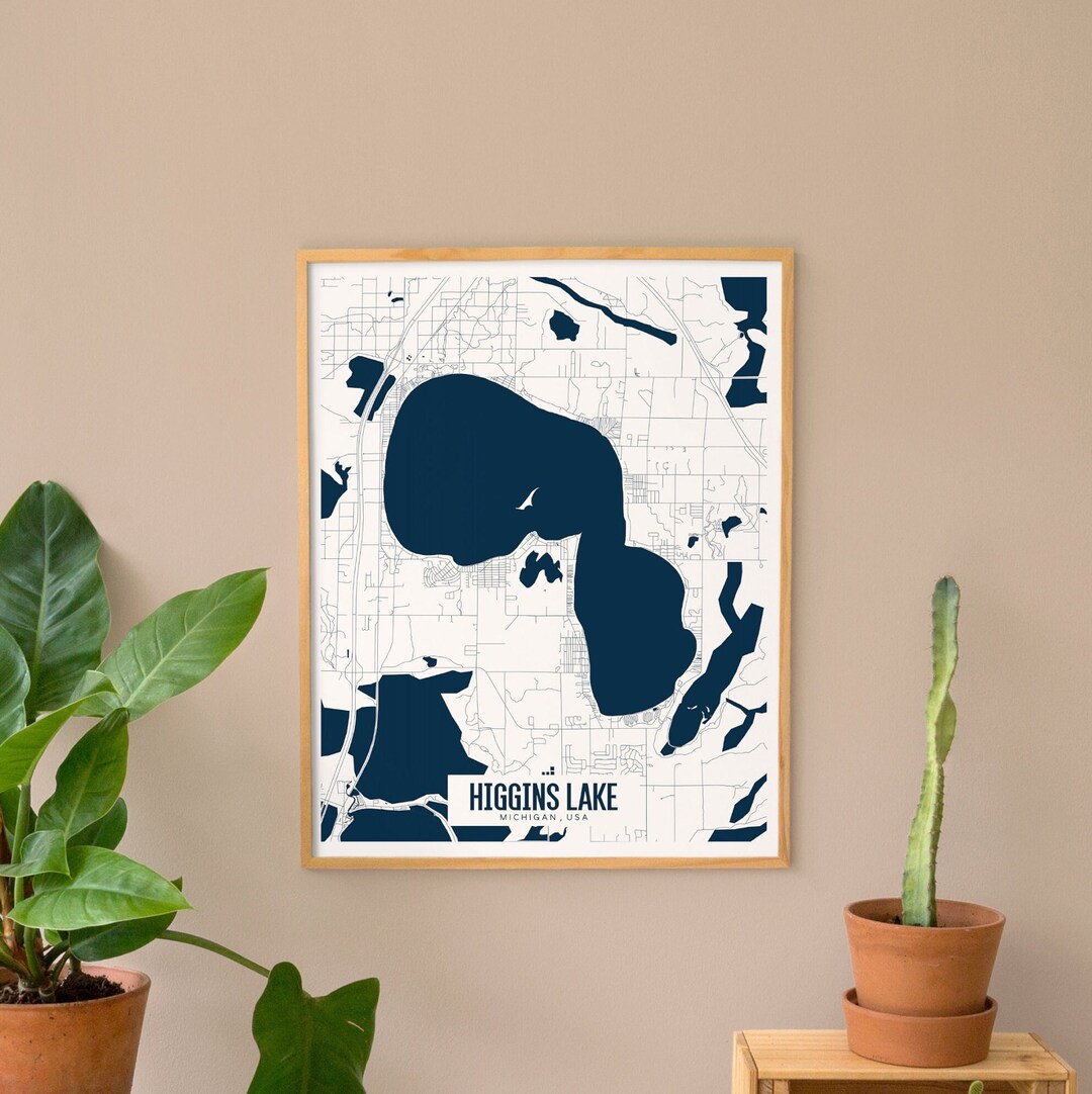 Higgins Lake Printable Map Art, Higgins Lake Michigan Map Art, Higgins