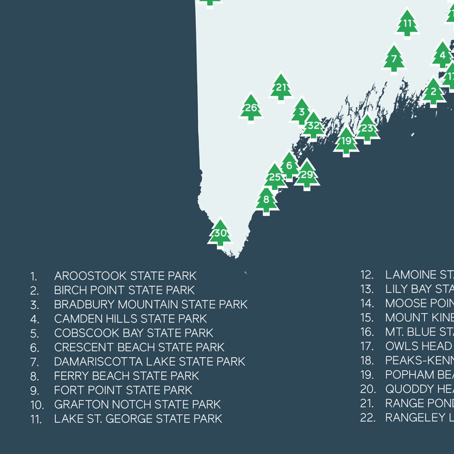 Maine State Parks Map printable 16x20 Gift for | Etsy