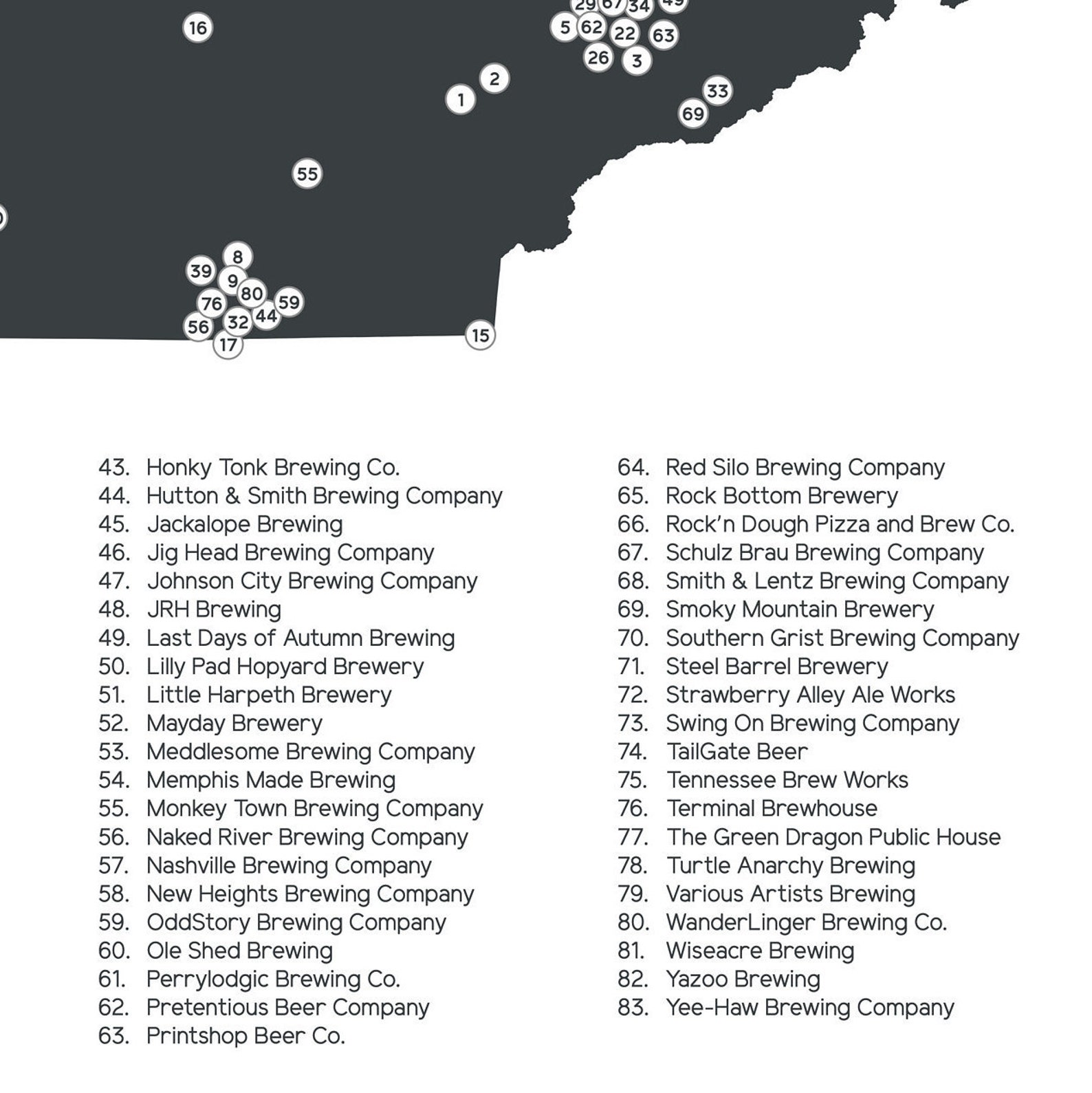 Tennessee Breweries Printable State Map 16x20 Etsy