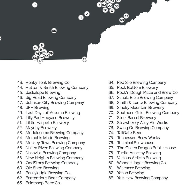 Tennessee Breweries Printable State Map 16x20 Wall Decor Digital Download Beer Art