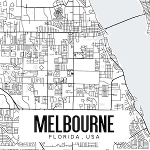 May include: Black and white map of Melbourne, Florida, USA. The map features detailed street layouts, with the city name and state clearly printed in bold, capital letters at the bottom. The map includes a coastal area.