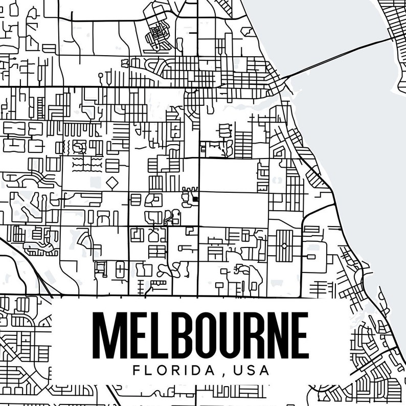 May include: Black and white map of Melbourne, Florida, USA. The map features detailed street layouts, with the city name and state clearly printed in bold, capital letters at the bottom. The map includes a coastal area.