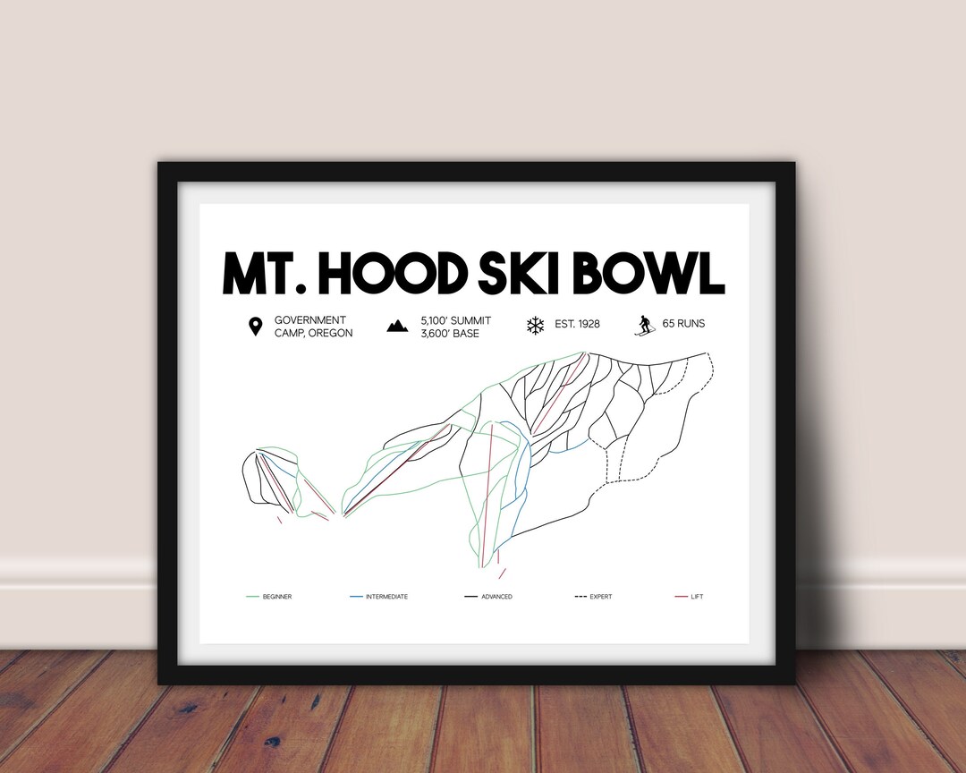 Mt. Hood Ski Bowl Oregon Printable Map 16x20, Mt Hood, Oregon Map, Mount Hood Ski Bowl Map