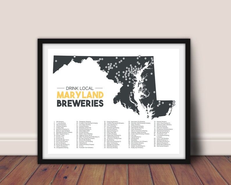Maryland Breweries Printable State Map 16x20 Etsy