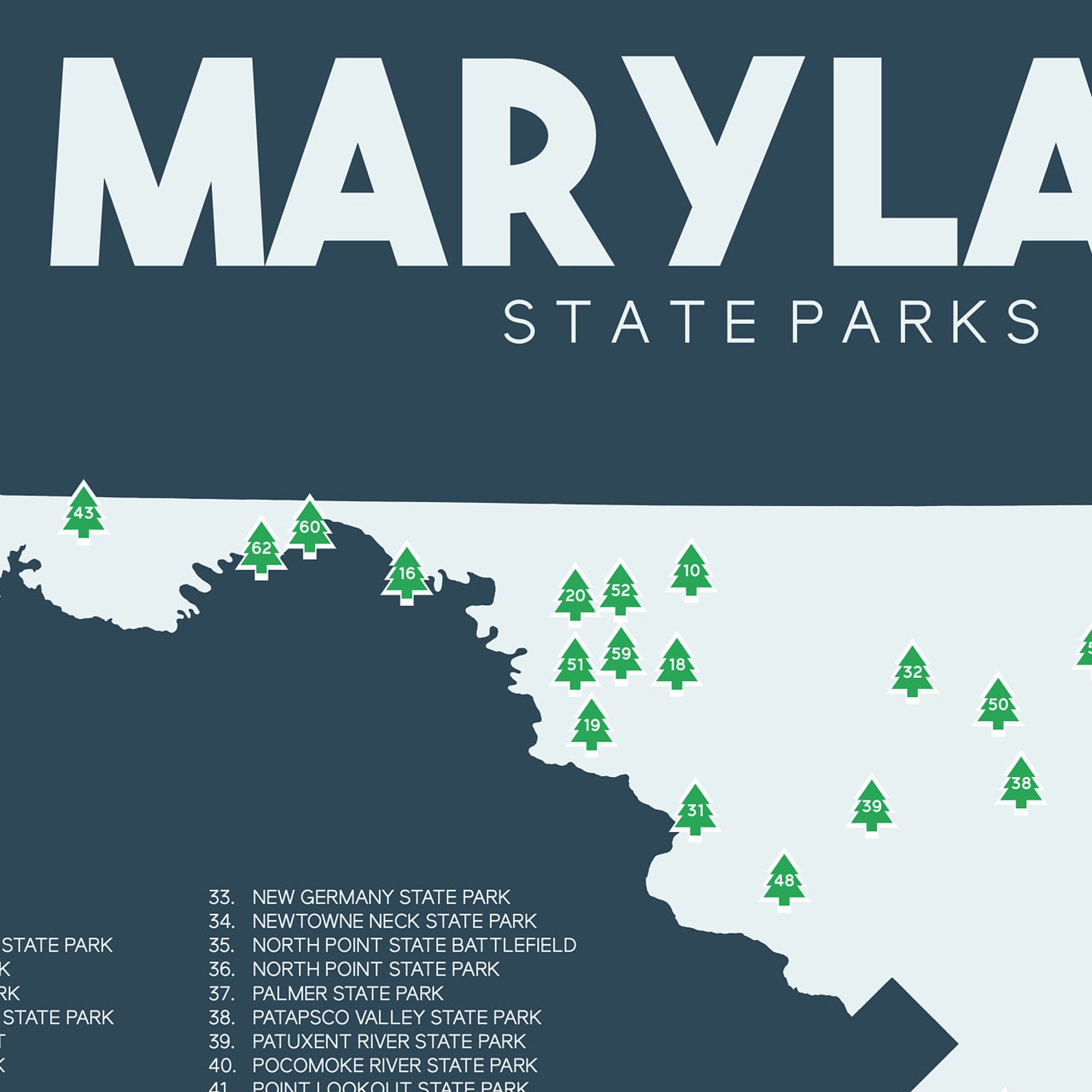 Maryland State Parks Map Printable 16x20 Maryland Etsy