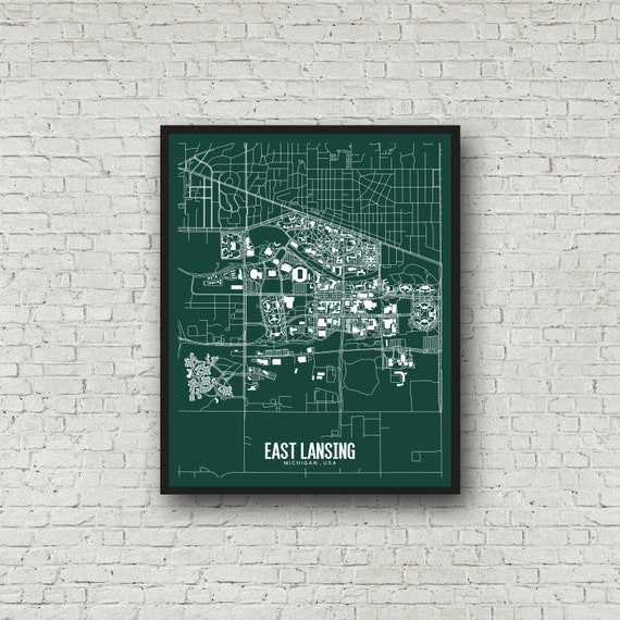 East Lansing Michigan Printable Map Michigan State Wall Art | Etsy