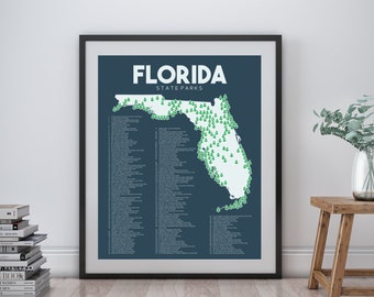 Florida State Parks Map printable 16"x20", Gift for hiker, Outdoor art, Florida wall art, Hiking gifts, Florida Decor, Florida gift, FL map