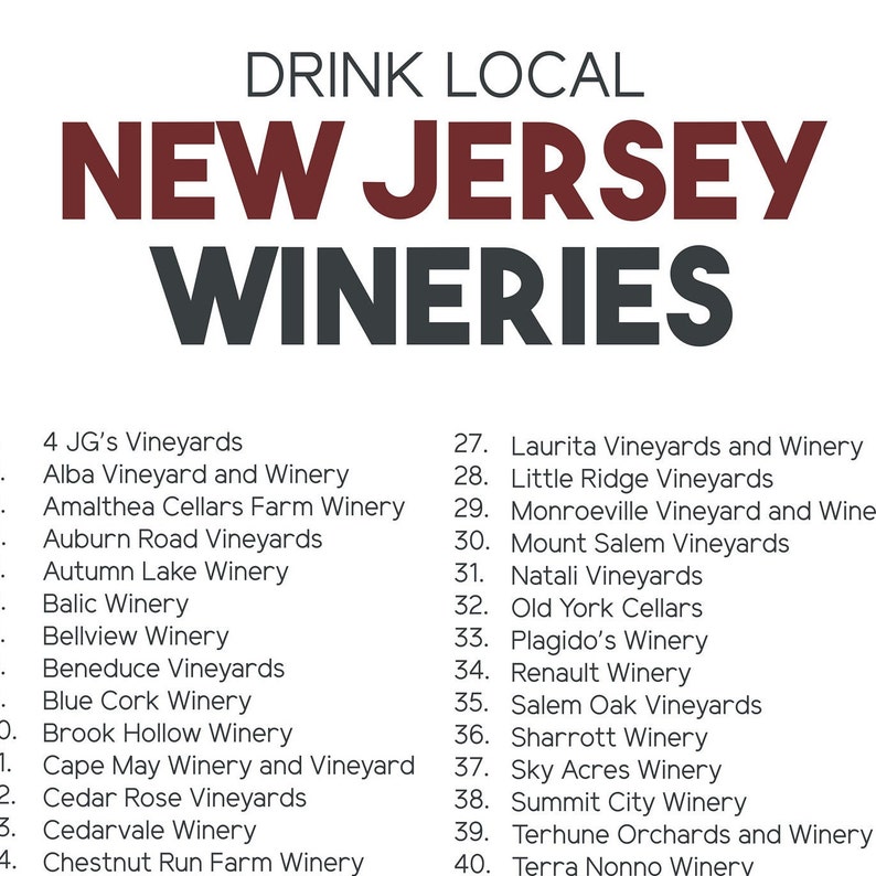 New Jersey Wineries Printable State Map 16x20 / Etsy México