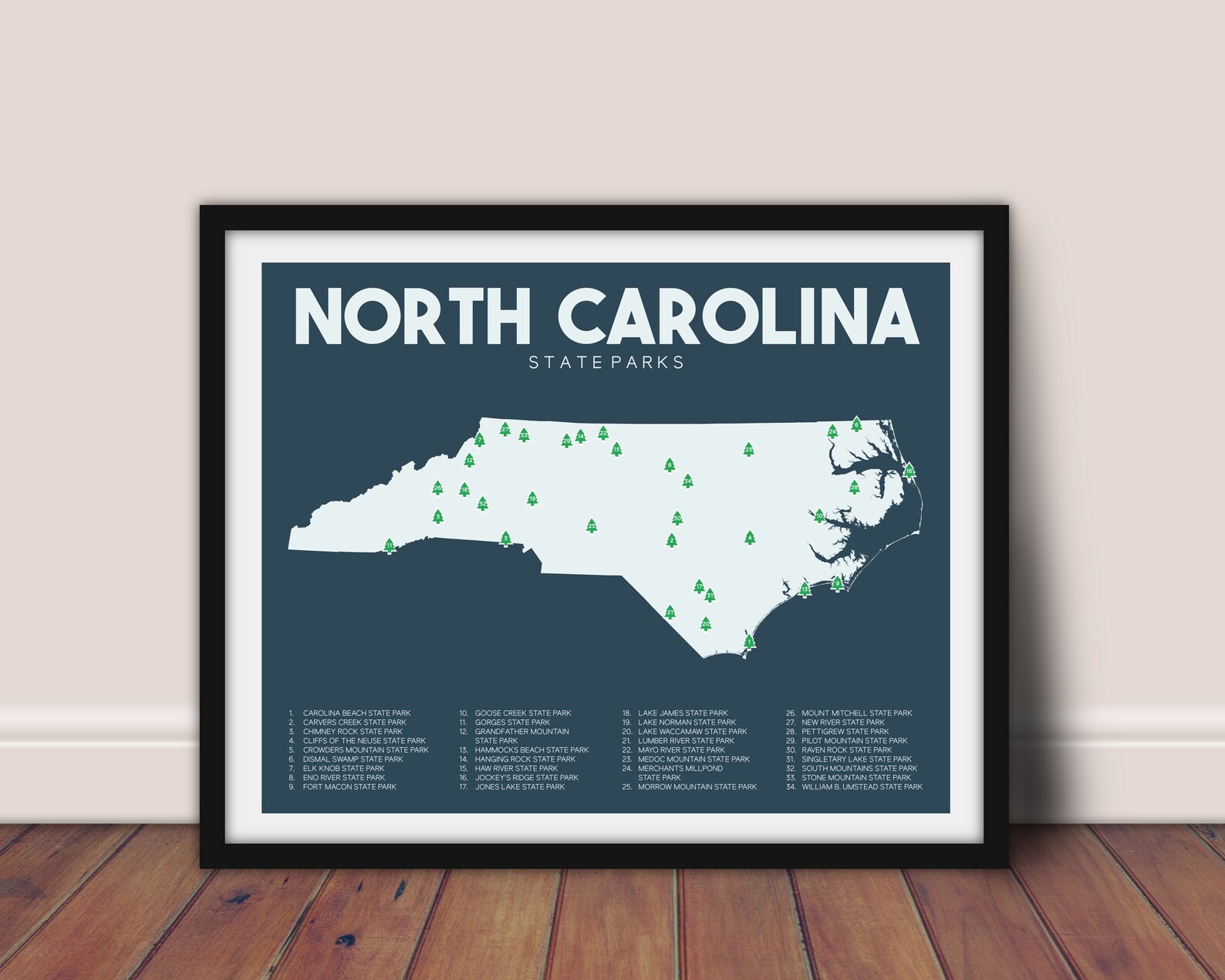 North Carolina State Parks Map Printable 16x20 Etsy