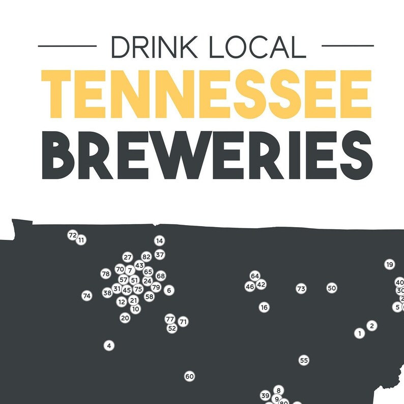 Tennessee Breweries Printable State Map 16x20 Wall Decor Digital Download Beer Art