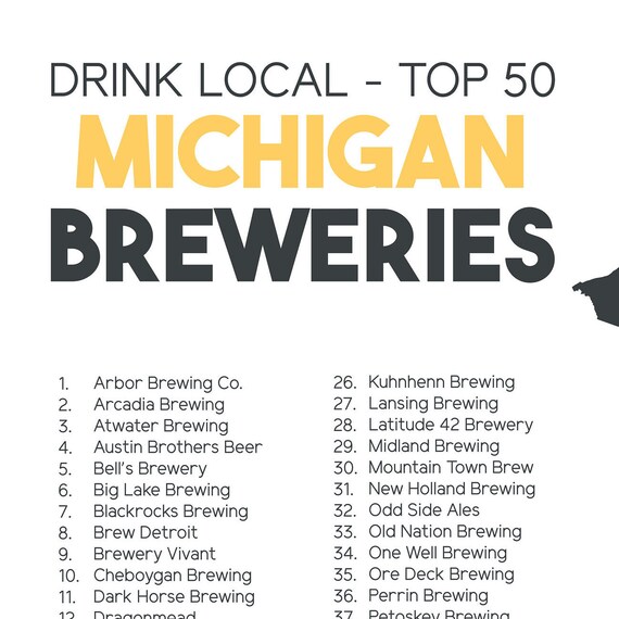 Map Of Michigan Breweries Michigan Top 50 Breweries Printable State Map | Etsy