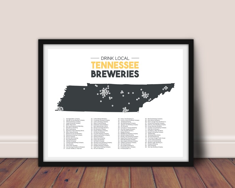 Tennessee Breweries Printable State Map 16x20 Wall Decor Digital Download Beer Art
