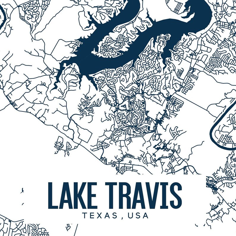 Lake Travis Texas Printable Map Lake Travis Wall Art Lake Etsy