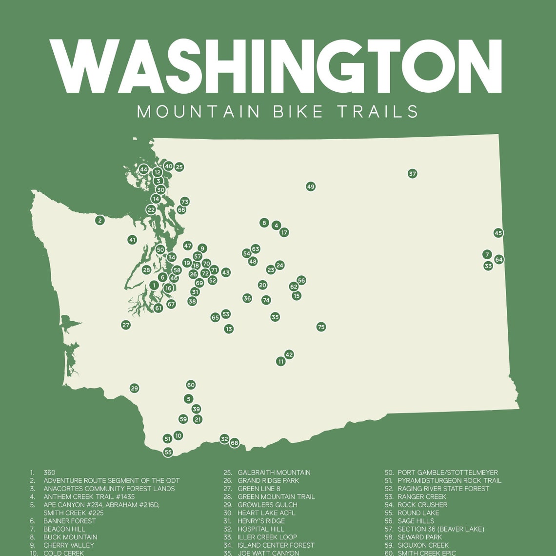 Washington Mountain Bike Trails Map printable Etsy