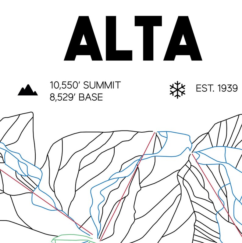 Alta Ski Area Trail Map 16x20 Alta Utah Etsy