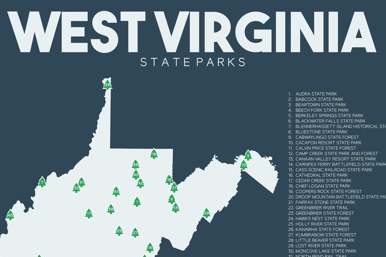 West Virginia State Parks Map Printable 16x20 Etsy