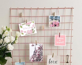 Rosegold Wire Wall Grid + SHELF, FREE clips, Copper Memo board, Rose gold Notice board, Metal grid, Memoboard, Moodboard