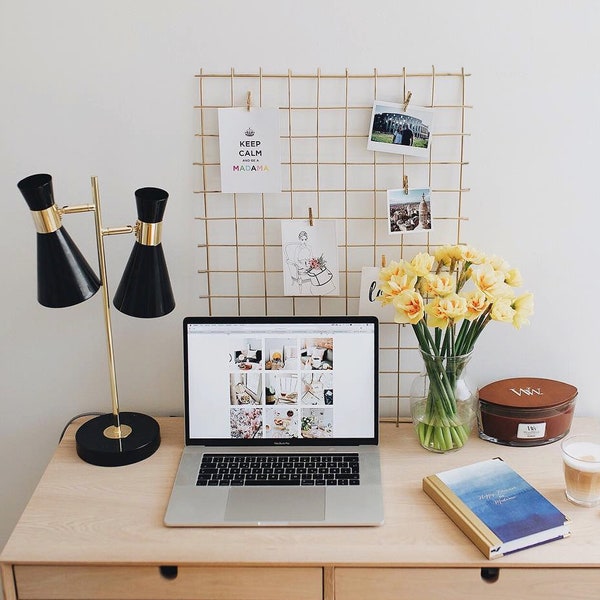 Gold Wire Wall Grid + SHELF, FREE clips, Memo board, Copper Notice board, Rosegold Metal grid, Moodboard