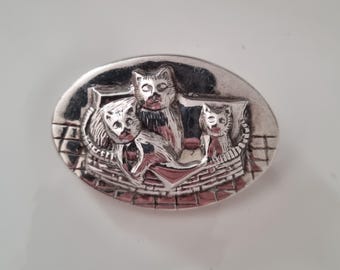 Broche vintage chat et chaton en argent sterling