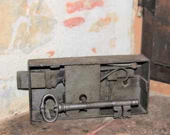 Early 19th Century French Rim Lock & Key With Integral Spring Lever