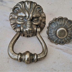 Può includere: Un set di due pomelli per armadi in ottone antico. Un pomello presenta un design a testa di leone, mentre l'altro ha un motivo floreale.