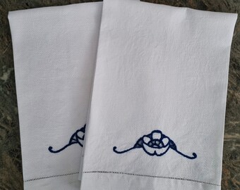 Set of White Vintage Hand Towels with Blue Embroidery