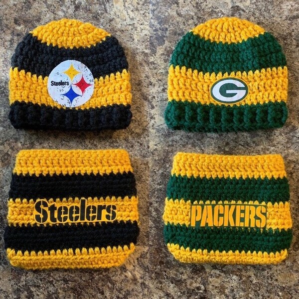 Knit Crochet NFL Pittsburgh Steelers / Greenbay Packers / Detroit Lions Football NEWBORN Outfit - Diaper Cover & Hat Photo Prop, Shower Gift