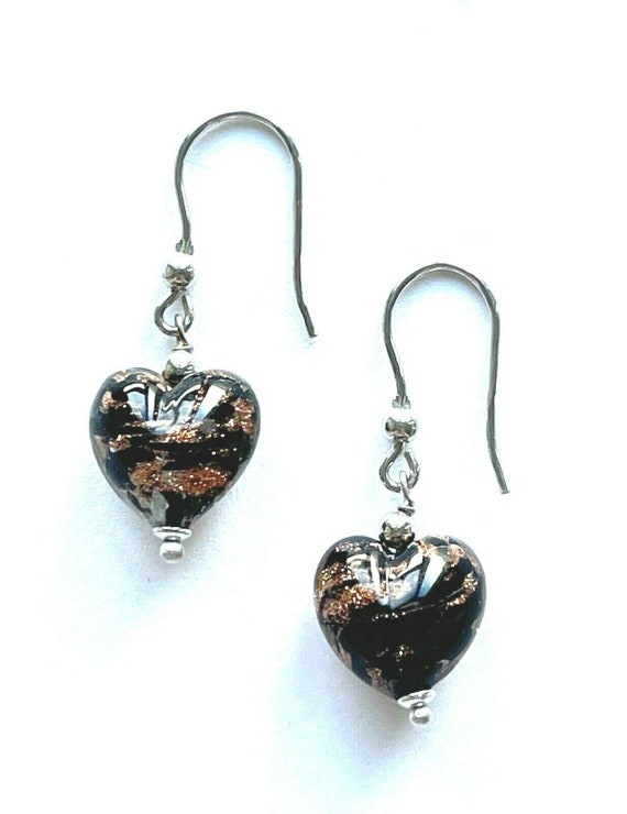 Murano Glass Black and Gold Foil Puffed Heart Silv