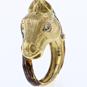 18kt Yellow Gold Custom Made Enamel Horse Head Ring With Diamond Eyes