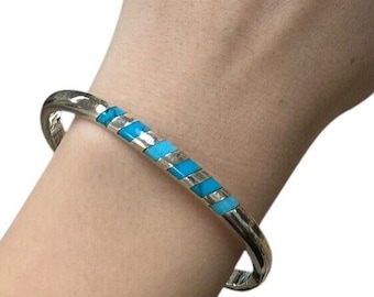 Taxco Sterling Silver Turquoise Inlay Hinged Bangle Bracelet