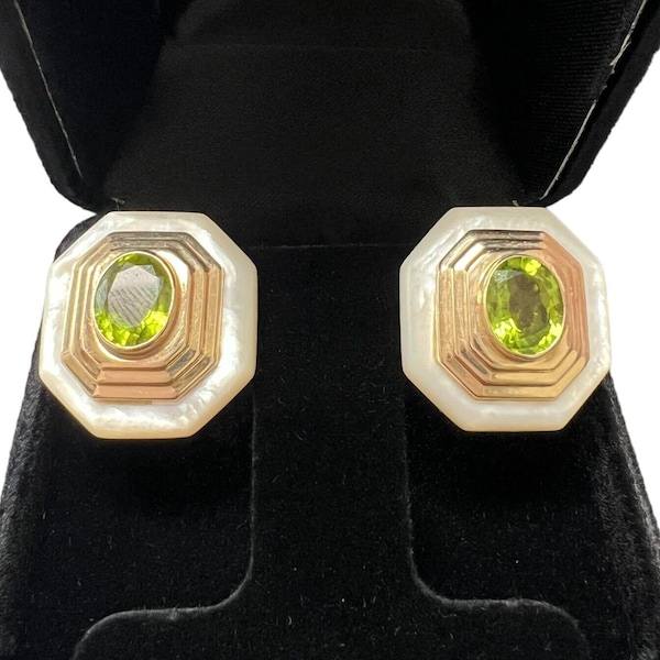 MAZ 1970 Modernist Earrings In 14Kt Gold Rock Quartz & Peridot