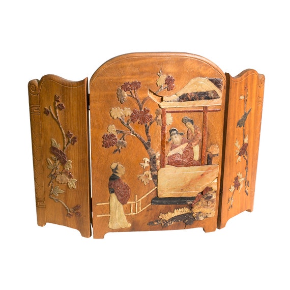 Vintage Hand Carved Wood Table Screen L4322