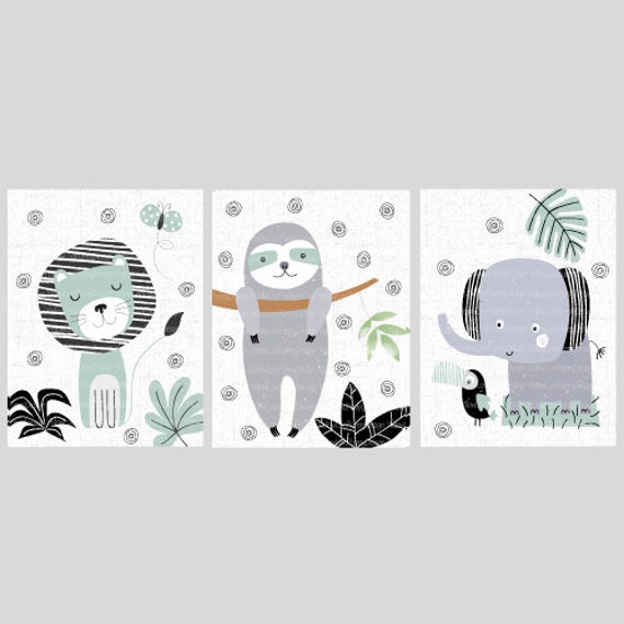 3 Affiches Animaux Enfants Collection Jungle Lion-Paresseux- Éléphant - Chambre d'enfants, Liste de 