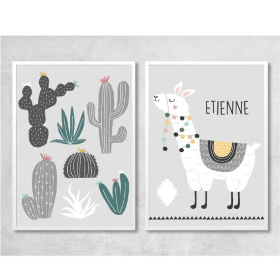 Lot de 2 Affiches Enfant-Bébé - Lamas Cactus Décoration Chambre Enfant
