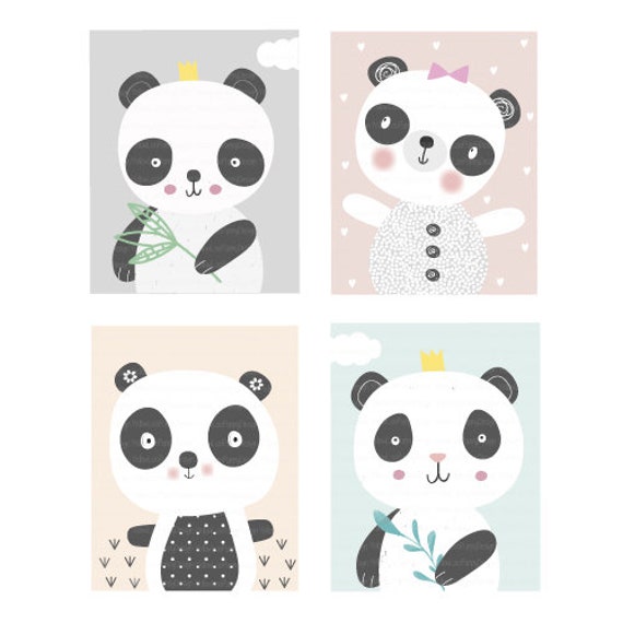 Lot de 4 Affiches Enfant-Bébé - Pandas Décoration Chambre Enfant Cadeau Naissance