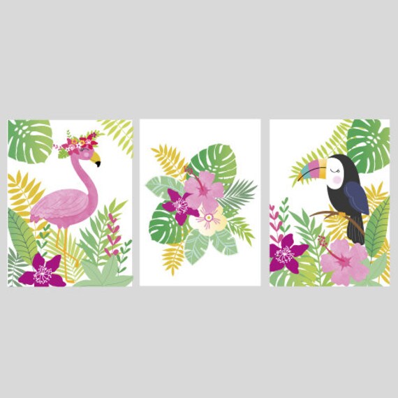 Lot de 3 Affiches Flamant-Bouquet-Toucan Collection Tropical - Chambre Enfant Cadeau Naissance