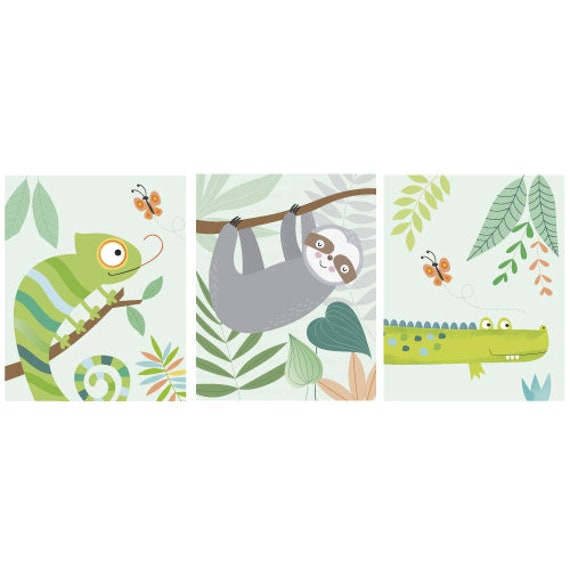 3 Affiches Animaux Enfants Collection Jungle Iguane - Paresseux-Croco Chambre d'enfants, Cadeau de N