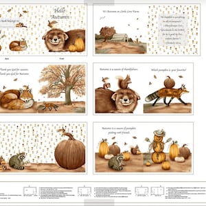 May include: A book with illustrations of autumn scenes, including a fox, a raccoon, a pumpkin, and a snowman. The book cover features the text "Hello Autumn" and "It's Autumn on Little Love Farm".