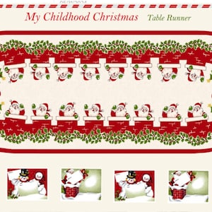 May include: A white oval table runner with a red brick chimney and green holly border. Santa Claus is peeking out of the chimney with a bag of gifts. The text "My Childhood Christmas Table Runner" is printed on the top of the runner.