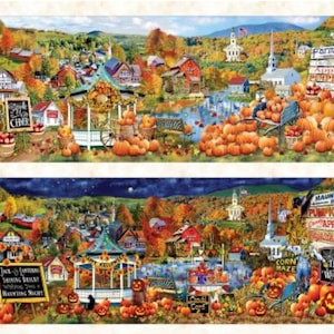 May include: A colorful illustration of a fall harvest festival in a small town. The image features a gazebo, pumpkins, apples, and a sign that reads "Cider". There are also signs that say "Farmer's Apples Pumpkins" and "Haunted House Pumpkins Apples".