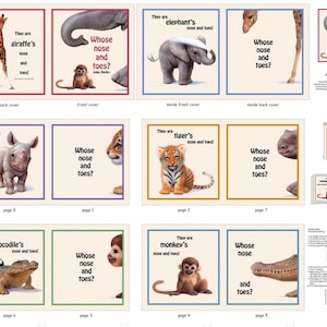May include: A children's book with colorful illustrations of various animals, including a giraffe, elephant, rhino, tiger, crocodile, and monkey. The book's title is "Whose nose and toes?" and features the text "They are..." above each animal.
