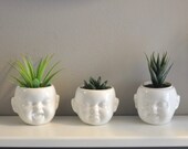 Quirky Set of 3 Mini Baby Head Ceramic White Pots, Mini Plant Holder, Eclectic Decor, Baby Head Planter